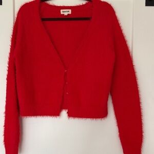 Open Edit Red Fuzzy V-Neck Button-Front Cropped Cardigan